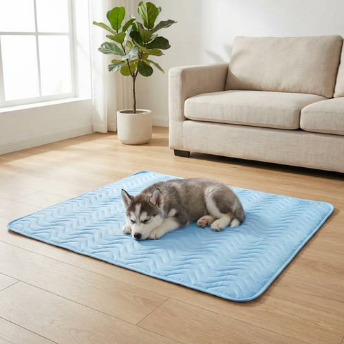 Tapis rafraîchissant bleu clair pour chien posé au sol près d'un canapé