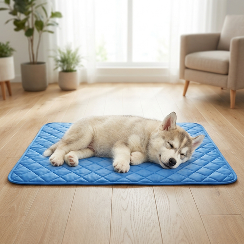 Tapis rafraîchissant bleu pour chien, husky allongé dessus dans un salon lumineux