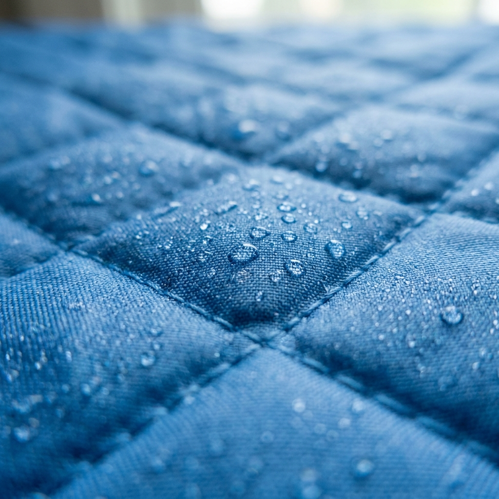 Gros plan sur la surface matelassée du tapis rafraîchissant avec gouttes de fraîcheur