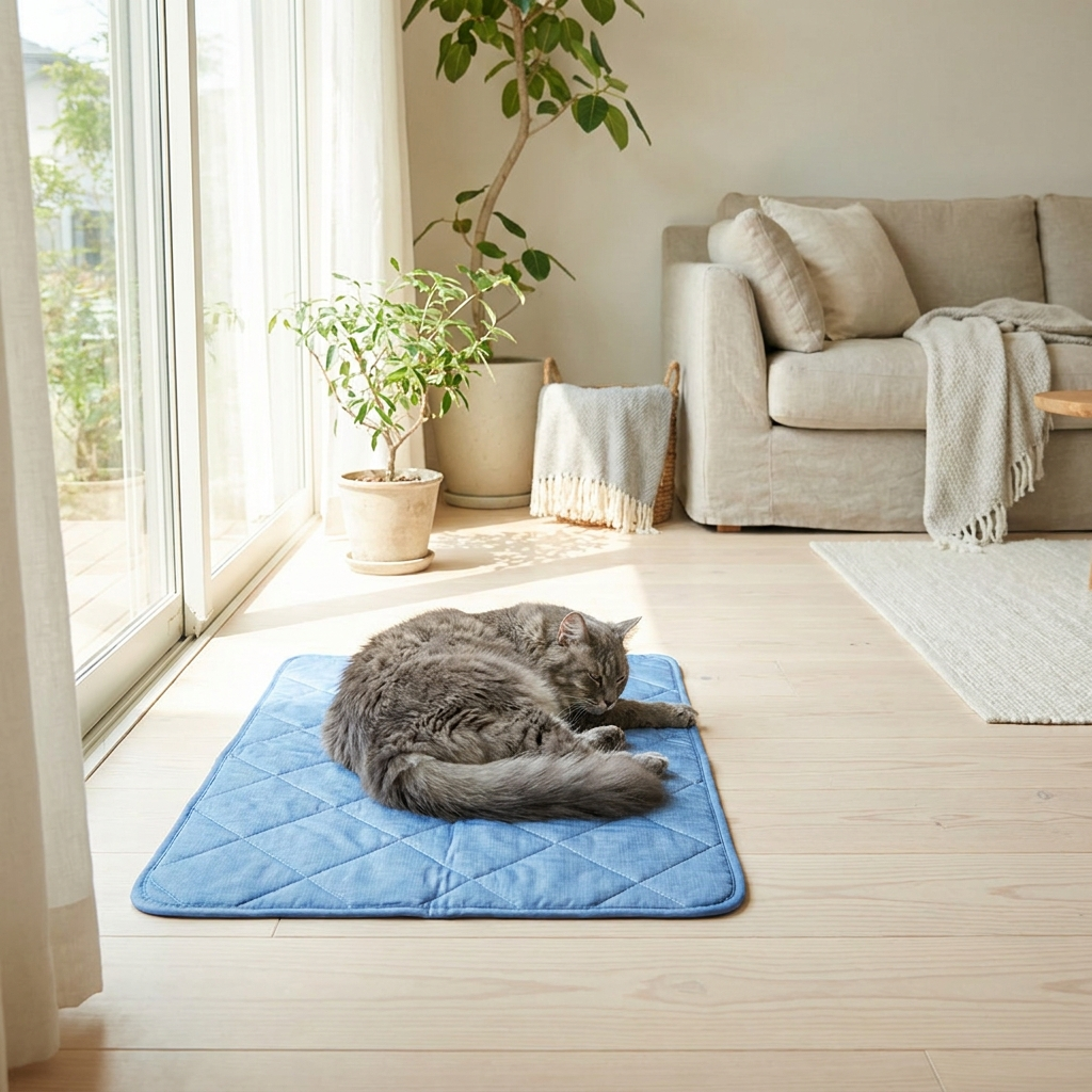 Chat gris allongé sur le tapis rafraîchissant bleu dans un salon lumineux