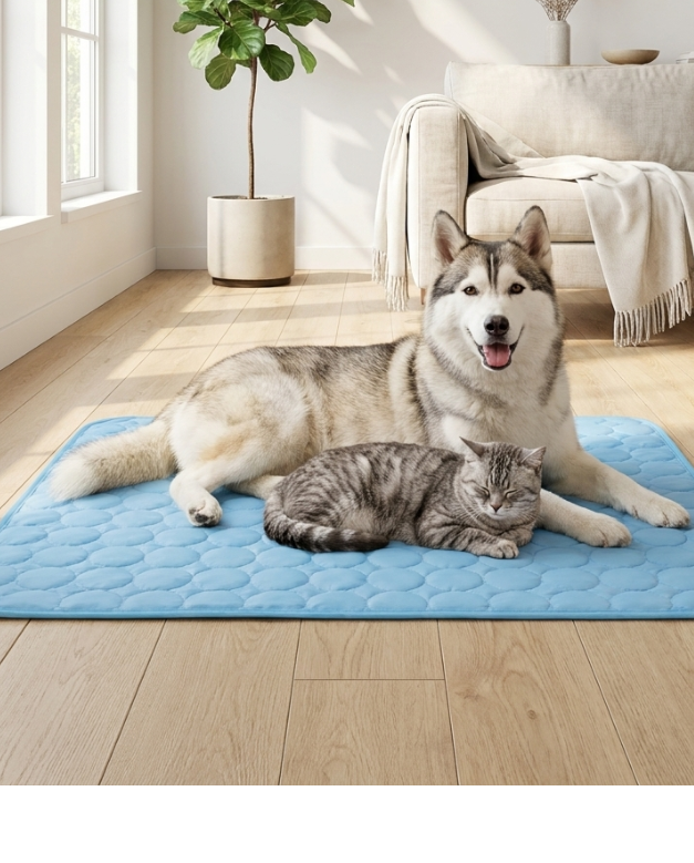 Tapis rafraîchissant bleu avec husky et chat dans un salon lumineux